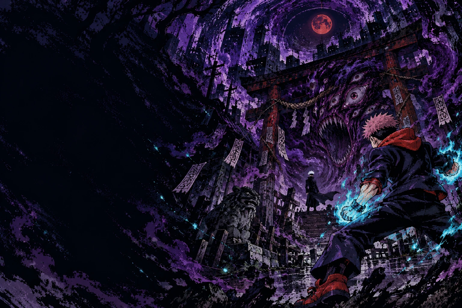 Yuji faces a many-eyed curse beneath a shattered shrine barrier